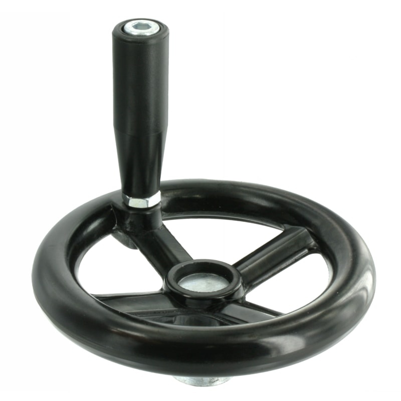 Ovládací kolo s&nbsp;viditelným nábojem, otočnou rukojetí a čtyřmi paprsky