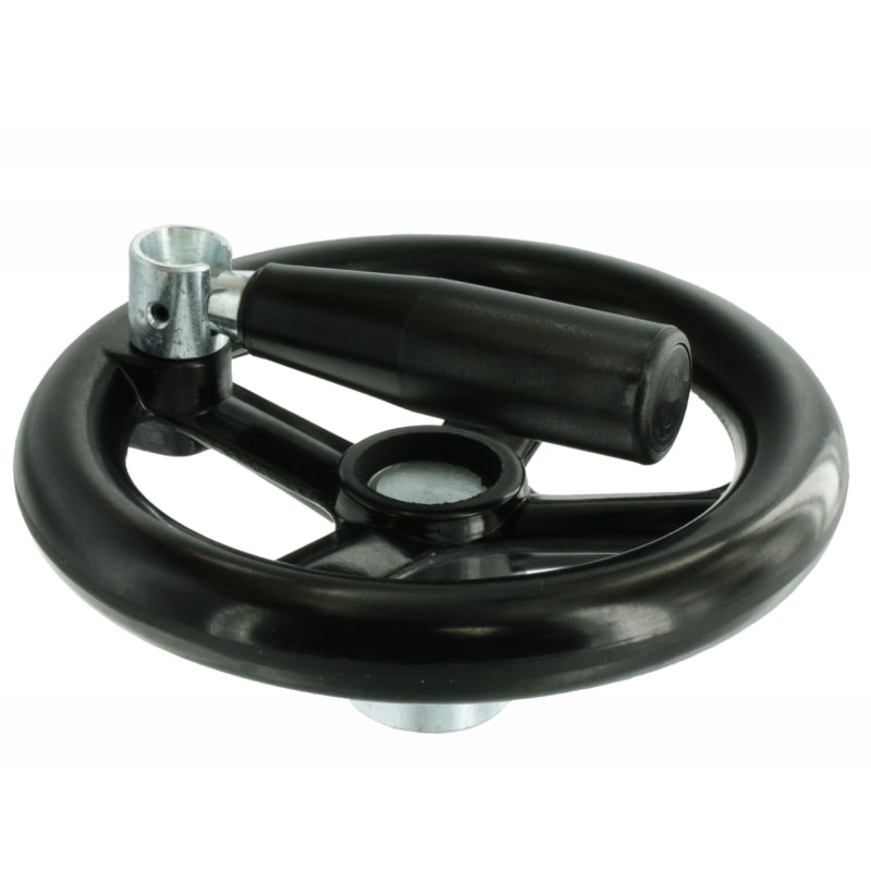 Ovládací kolo s&nbsp;viditelným nábojem, se sklopnou rukojetí a čtyřmi paprsky